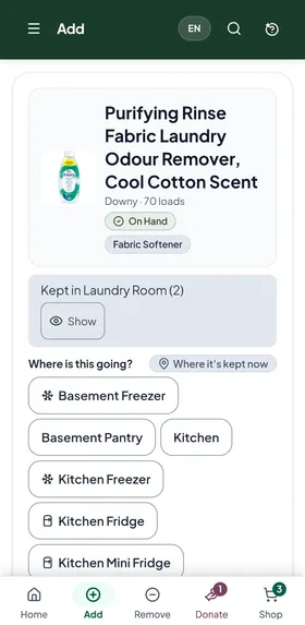 The app's Add screen after scanning a barcode: it found Downy Purifying Rinse, 70 loads, marked On Hand and kept in the Laundry Room, and asks 'Where is this going?' with a list of places to pick from.