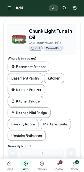 Adding Chunk Light Tuna in Oil, marked Out: the app asks 'Where is this going?' with a button for each place, from the Basement Freezer to the Upstairs Bathroom, and a quantity to add.