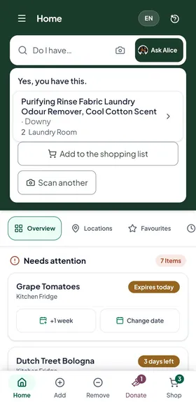 The app showing 'Yes, you have this' for Downy Purifying Rinse: 2 in the Laundry Room, with buttons to add it to the shopping list or scan another.