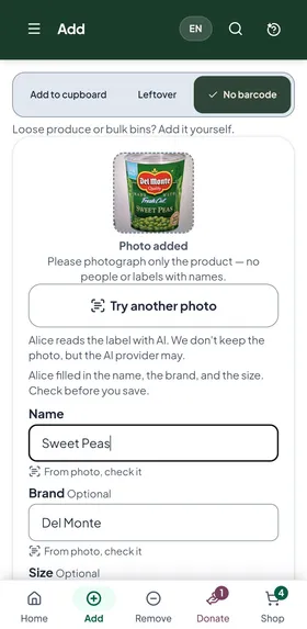 Adding a can of peas: Alice read the label photo and filled in the name Sweet Peas and the brand Del Monte, each marked 'From photo, check it'.