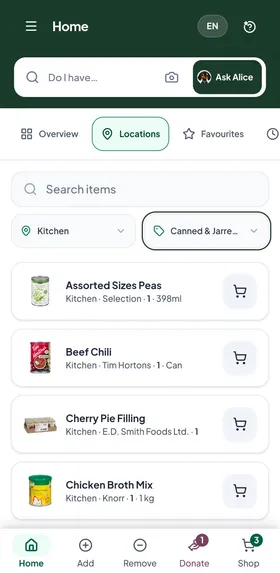 Home's Locations view, narrowed to the Kitchen and to canned and jarred goods: Assorted Sizes Peas, Beef Chili, Cherry Pie Filling and Chicken Broth Mix, each with a cart button.